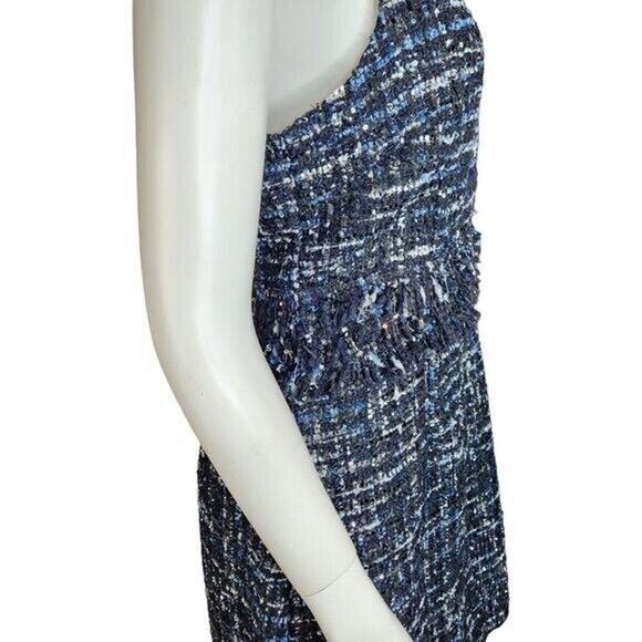 Julie Brown NYC Sleeveless Dress Lori Blue Oxford Tweed Fringe Metallic Size 8 - Picture 10 of 14